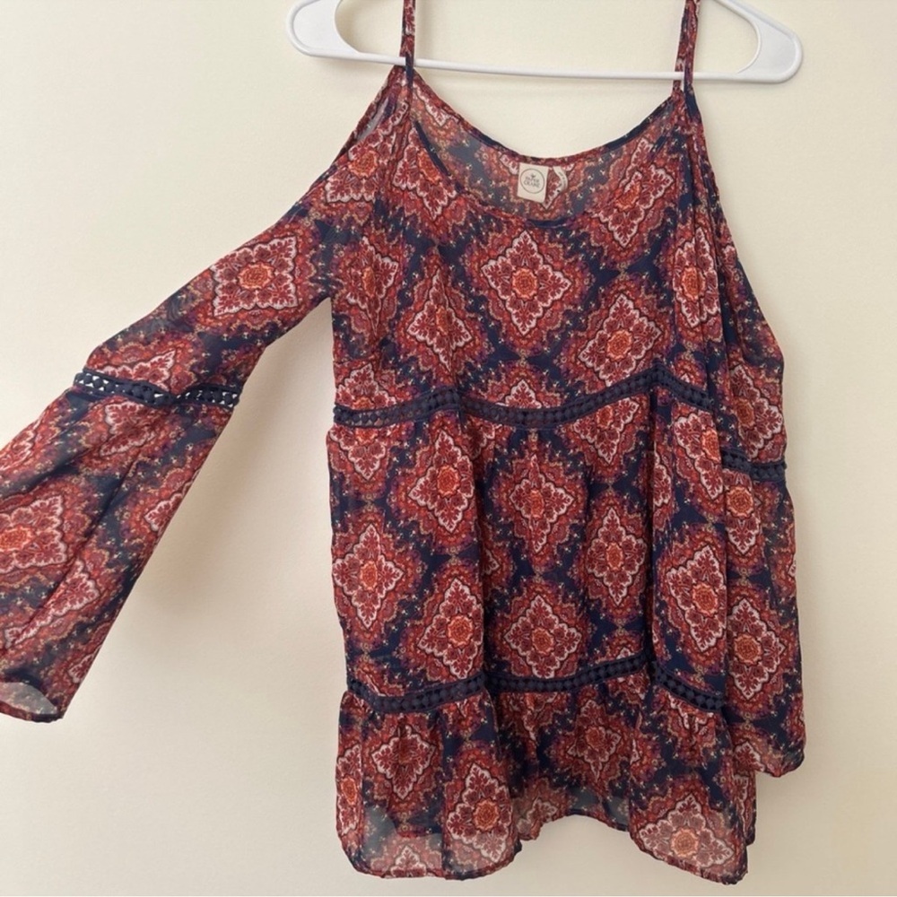 Paper Crane Red and Blue Patterned Cold Shoulder Blouse